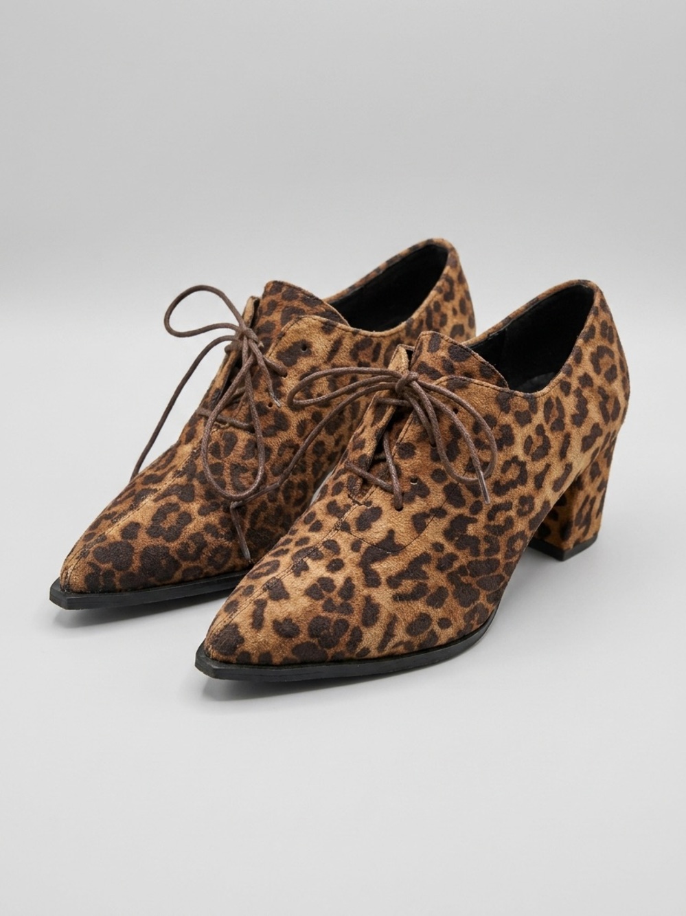 Leopard Print Lace-Up Block Heel Women's Shoes - Brown